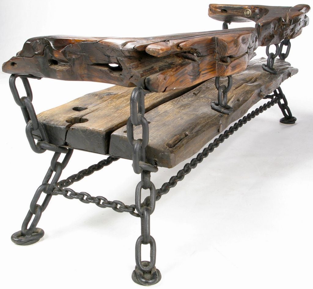 American James Sawtelle Long Studio Bench  Of Shipwreck Wood & Chain