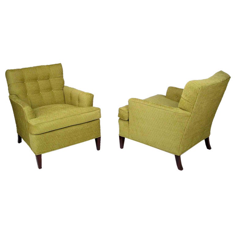 American Pair Heritage Henredon Club Chairs In Quilted Sage Wool