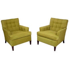 Pair Heritage Henredon Club Chairs In Quilted Sage Wool