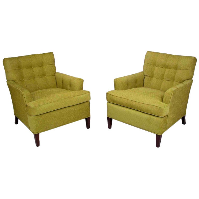 Pair Heritage Henredon Club Chairs In Quilted Sage Wool