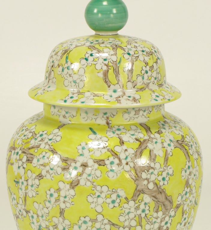 Wood Pair Hand Painted Yellow Glaze Ginger Jar Table Lamps