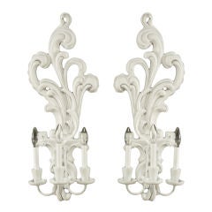 Pair Tall White Lacquered Carved Wood Electric Sconces
