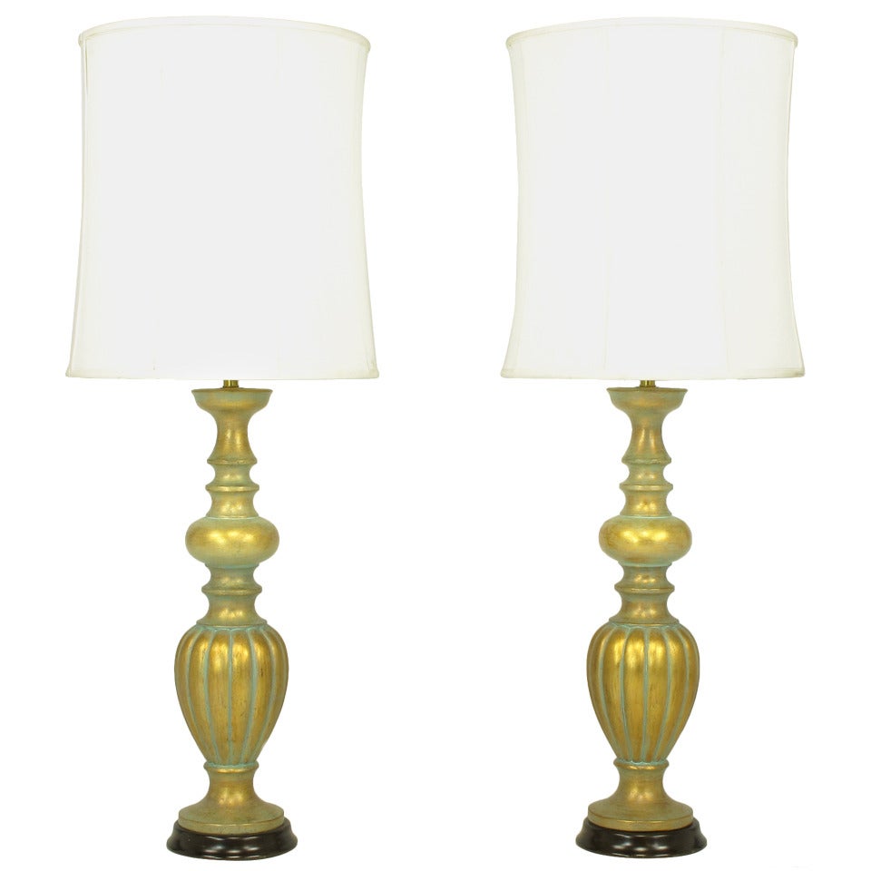 Pair of Substantial Patinated Gilt Baluster Table Lamps For Sale