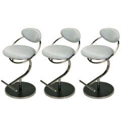 Three Sottsass Inspired Brushed Steel & Upholstered Bar Stools By DIA