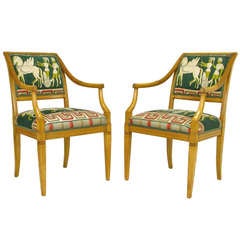 Vintage Pair Empire Arm Chairs With Greek Key Centurion Upholstery