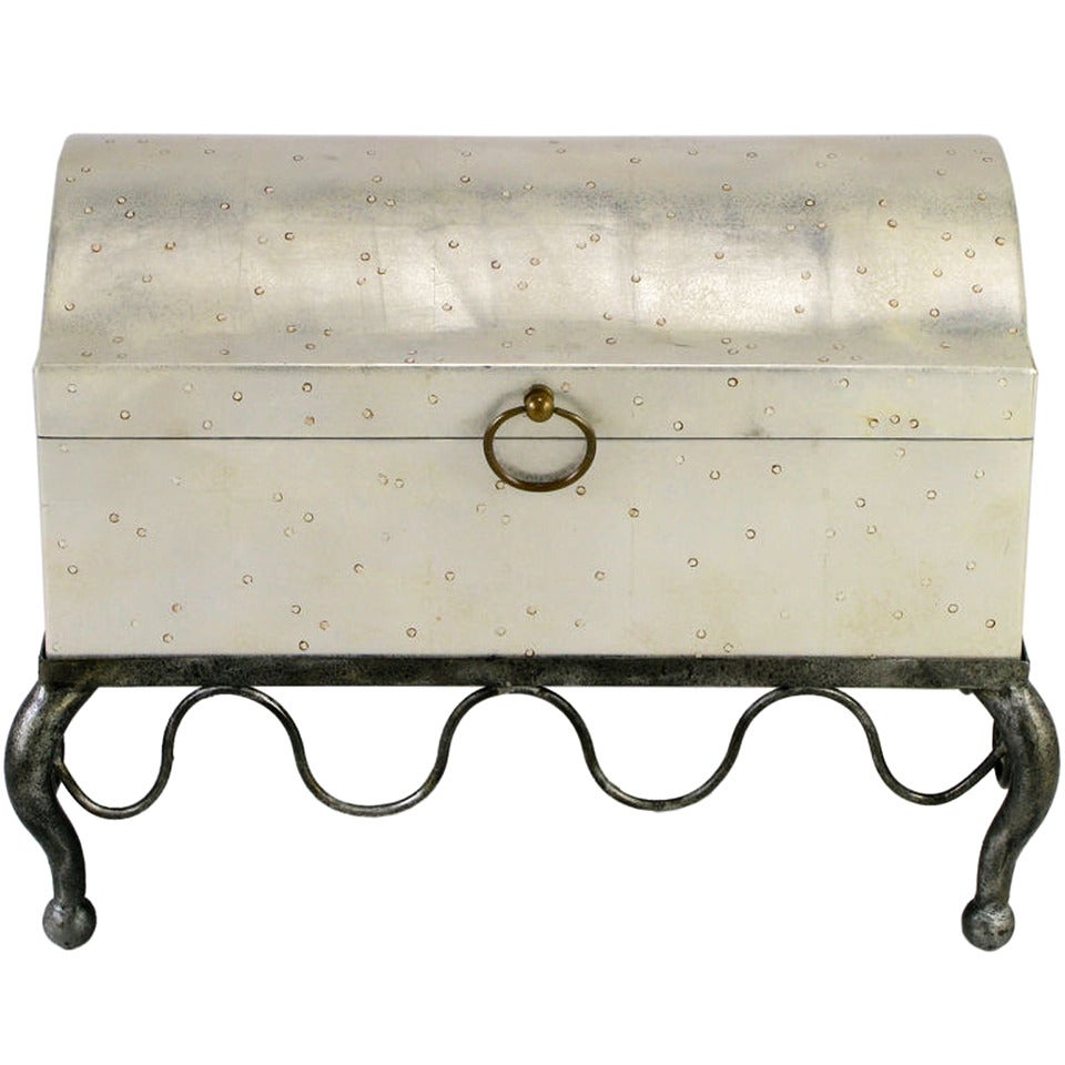 Silver Leaf Wood Chest on Distressed Iron Cabriole Stand