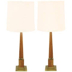 Pair of Walnut Obelisk Table Lamps with Tiered Brass Plinths 6