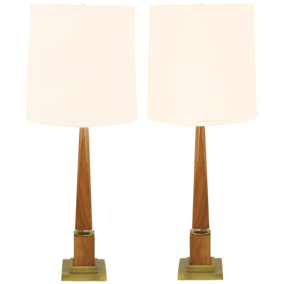 Pair of Walnut Obelisk Table Lamps with Tiered Brass Plinths