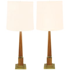 Pair of Walnut Obelisk Table Lamps with Tiered Brass Plinths