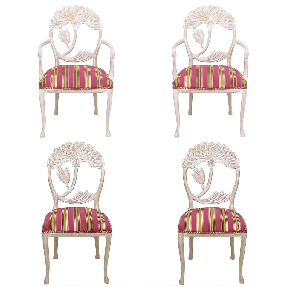 Four Lime Wash Floral Carved Dining Chairs in the Manner of Phyllis Morris