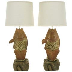 Substantial Pair of Hand-Carved Wood Koi Fish Table Lamps