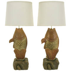 Substantial Pair of Hand-Carved Wood Koi Fish Table Lamps 12