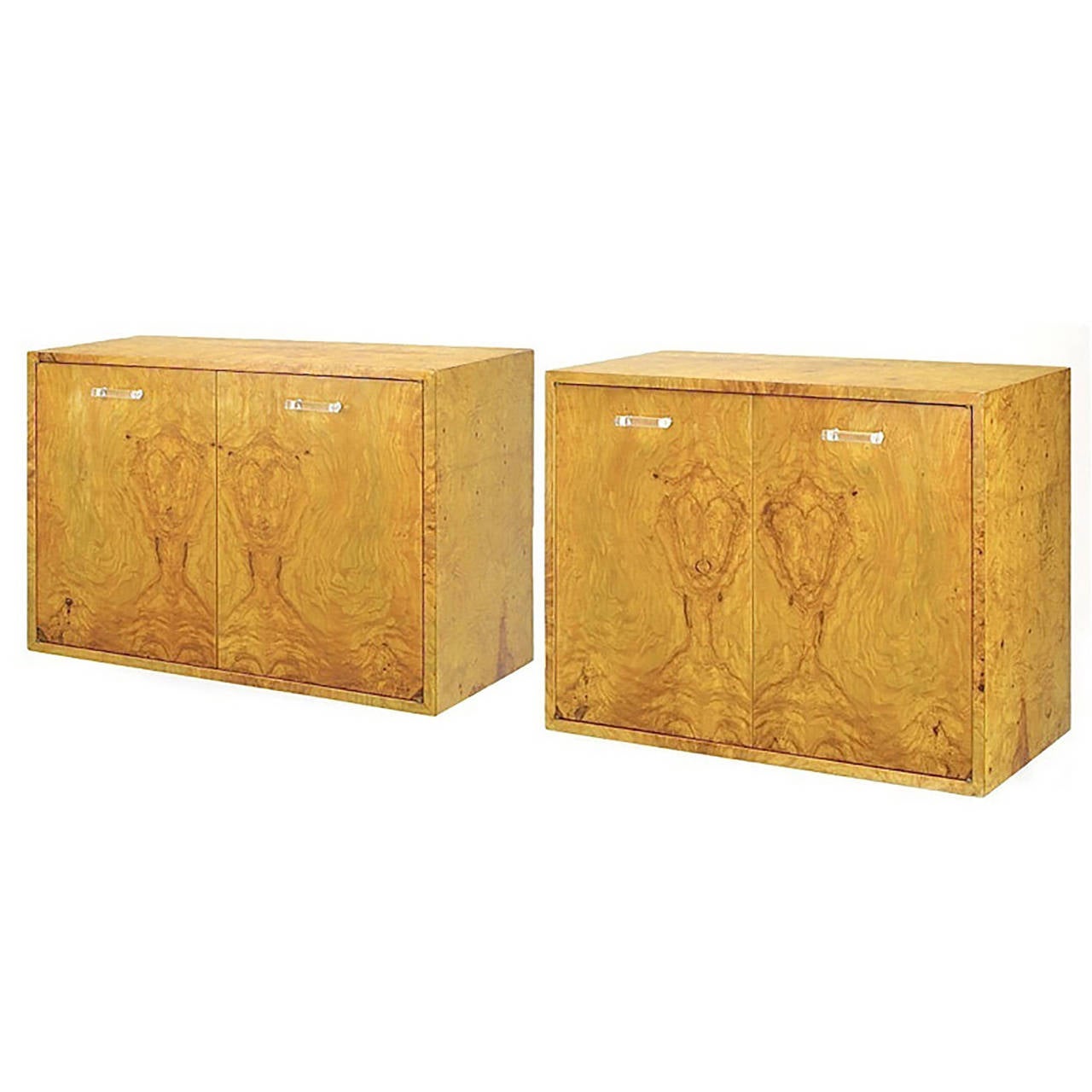 Pair of Milo Baughman for Directional Burled Olive Wall-Mount Cabinets