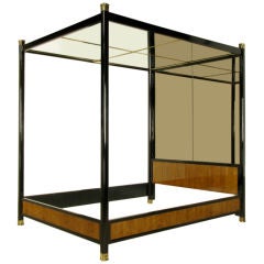 Retro Henredon Mirror, Black Lacquer, & Walnut Queen Canopy Bed