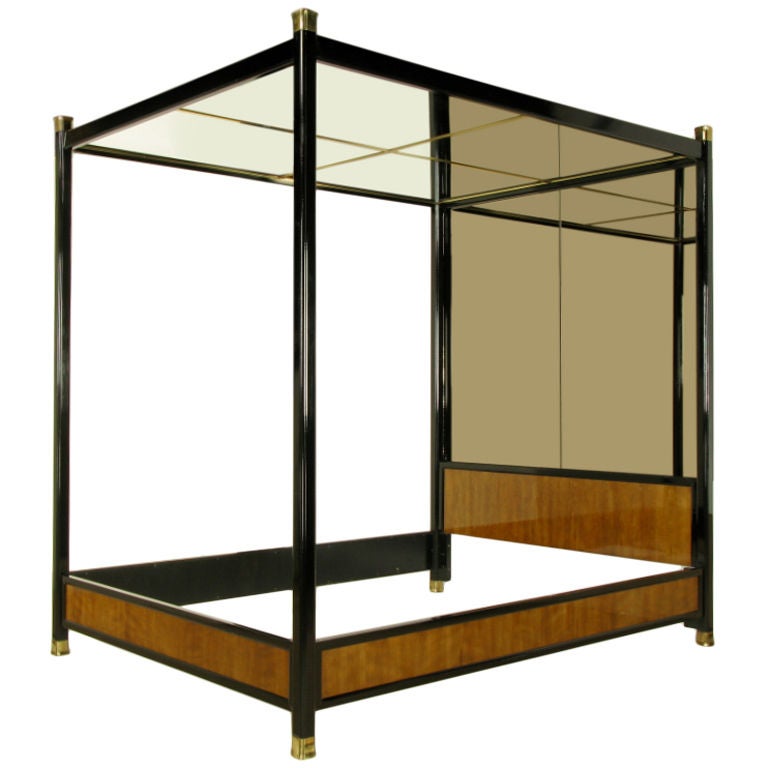 Henredon Mirror, Black Lacquer, & Walnut Queen Canopy Bed