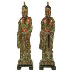 47" Pair Carved & Polychrome Wood Asian Figure Table Lamps