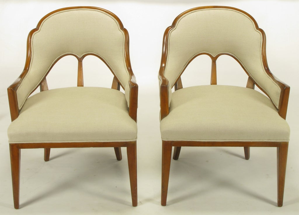 Pair 1940s Gustavian Modern Walnut & Linen Arm Chairs