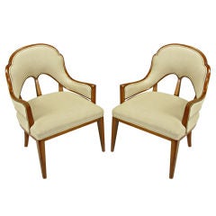 Pair 1940s Gustavian Modern Walnut & Linen Arm Chairs