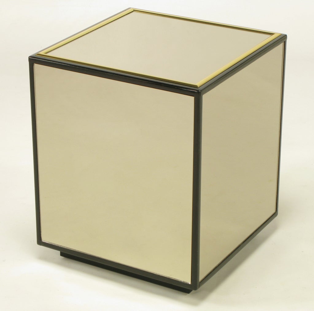 American Pair Mirrored Black Lacquer & Brass Cube Tables