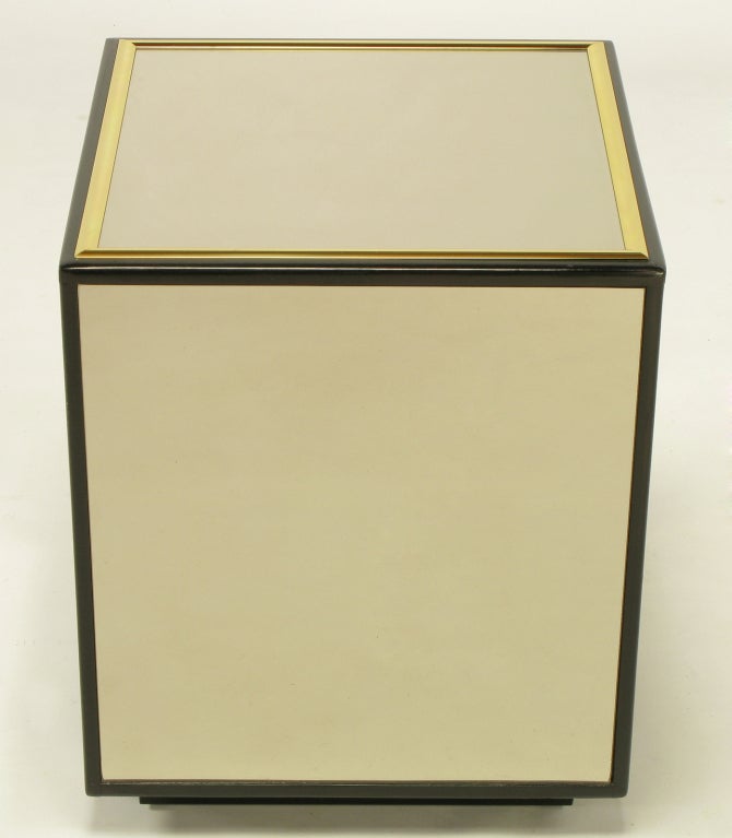 20th Century Pair Mirrored Black Lacquer & Brass Cube Tables