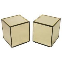 Pair Mirrored Black Lacquer & Brass Cube Tables