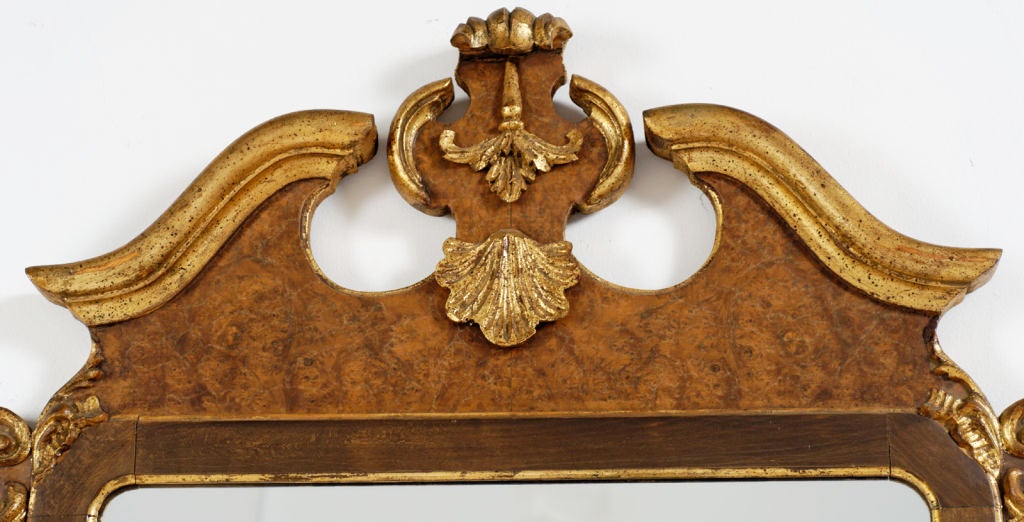 La Barge, Italian made Georgian style mirror with burled walnut inlay and gilt foliate detailing. A great revisit to the the simple elegance of the traditional Georgian mirror of the 18th century.