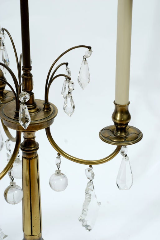 American Pair Stiffel Large Brass & Crystal Bouillotte Table Lamps