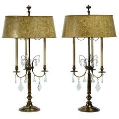 Pair Stiffel Large Brass & Crystal Bouillotte Table Lamps