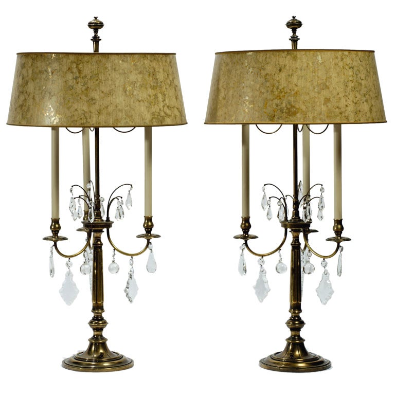 Pair Stiffel Large Brass & Crystal Bouillotte Table Lamps