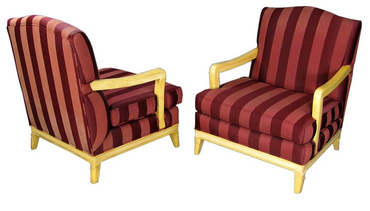 Pair Oxblood Stripe Open Arm Lounge Chairs