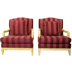 Pair Oxblood Stripe Open Arm Lounge Chairs