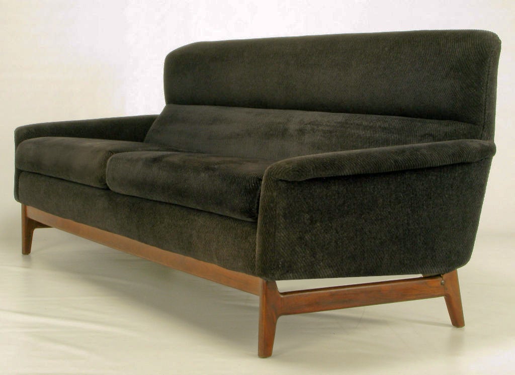 Danish Teak Wood & Black Chenille High Back Sofa
