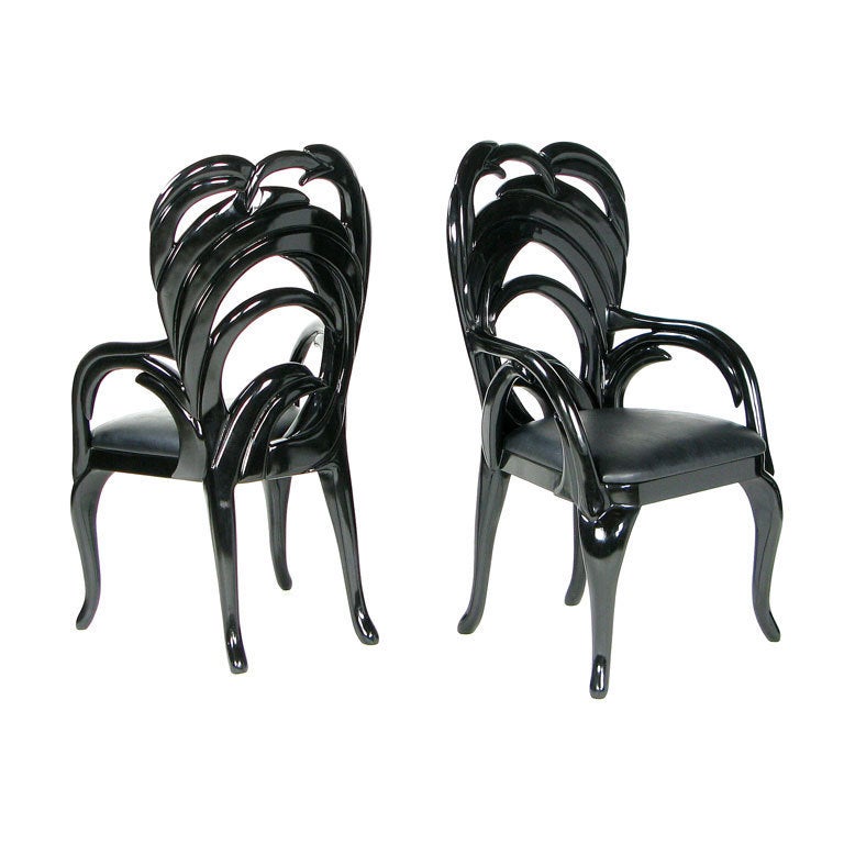 20th Century Ten Phyllis Morris Black Lacquer & Leather Dining Chairs