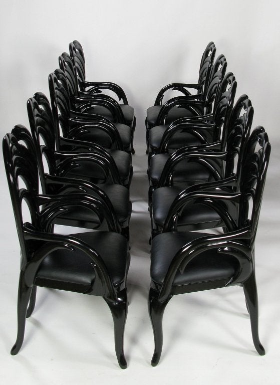 Ten Phyllis Morris Black Lacquer & Leather Dining Chairs 4