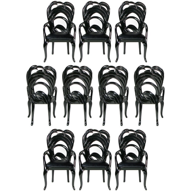 Ten Phyllis Morris Black Lacquer & Leather Dining Chairs