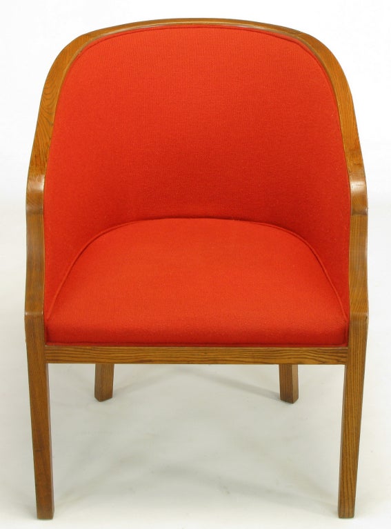 These two chairs are a classic Ward Bennett design for Brickel. Sinuous frames of curving ash wood define the original persimmon orange-red wool upholstery. Versatile chair that can be used almost anywhere inside the home.