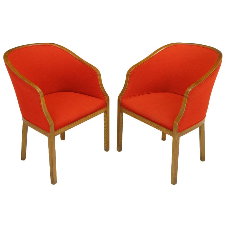 Pair Ward Bennett Ash & Persimmon Wool Lounge Chairs