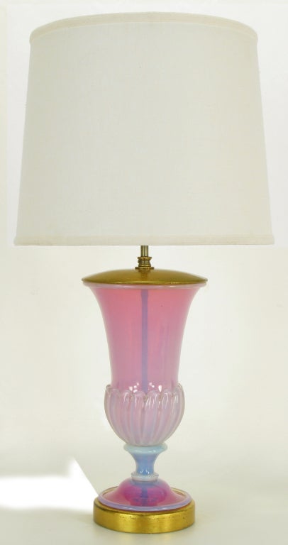 Pink and blue hand blown murano glass vase bodied table lamp. Gilt metal base and cap, brass stem and double socket cluster.