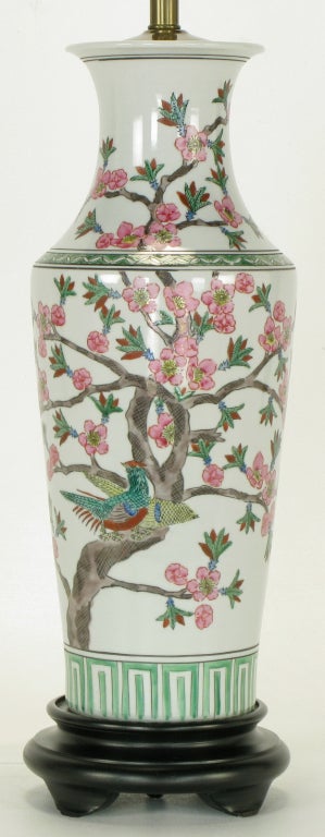 Hand-Painted Norman Perry Cherry Blossom Chinese Porcelain Table Lamps