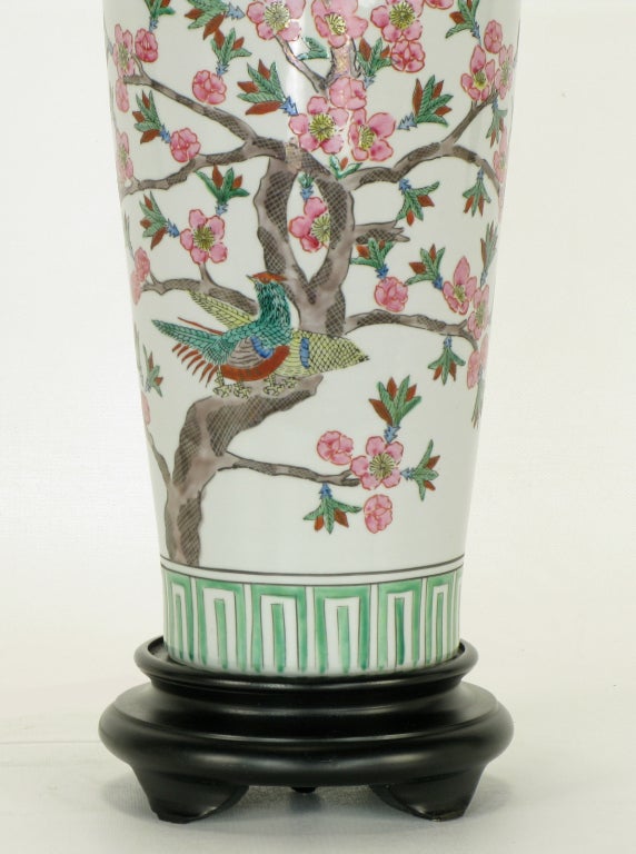 Wood Norman Perry Cherry Blossom Chinese Porcelain Table Lamps