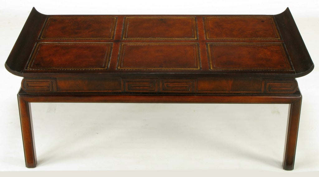 American 1940s Mahogany & Leather Pagoda Top Greek Key Coffee Table