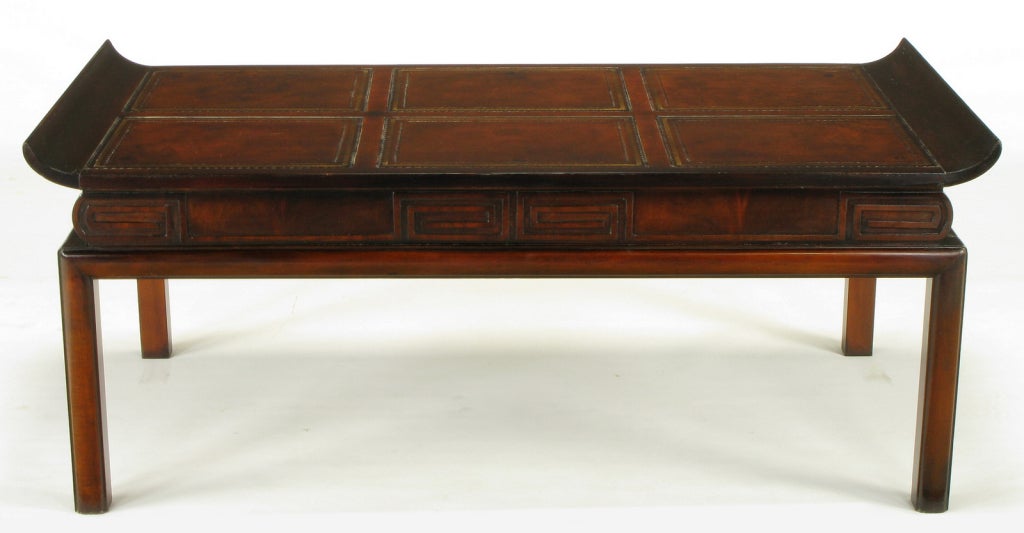 Mid-20th Century 1940s Mahogany & Leather Pagoda Top Greek Key Coffee Table