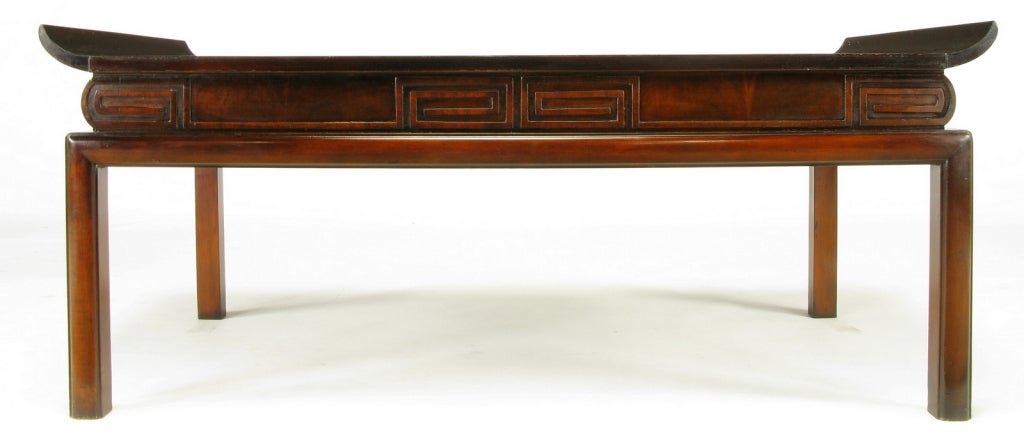 1940s Mahogany & Leather Pagoda Top Greek Key Coffee Table 1