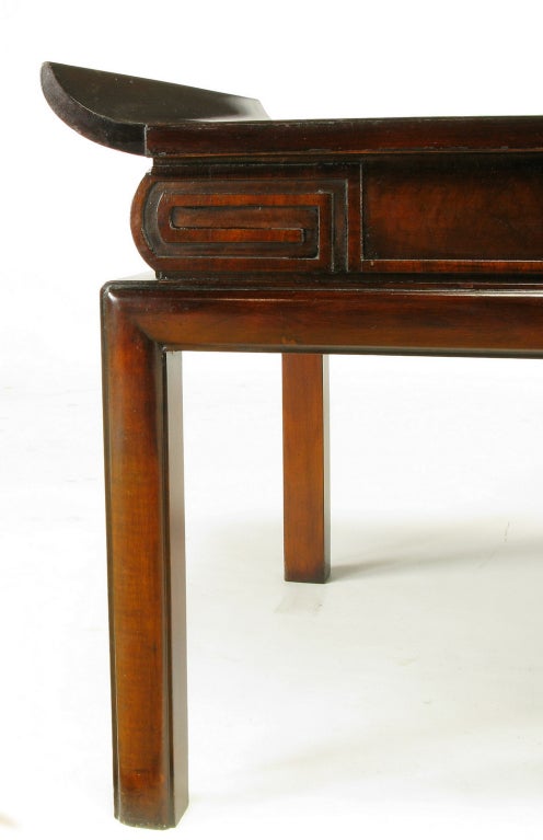 1940s Mahogany & Leather Pagoda Top Greek Key Coffee Table 4