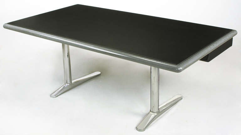 Mid-20th Century Warren Platner Steel Grey Cerused Oak & Black Leather Executive Desk