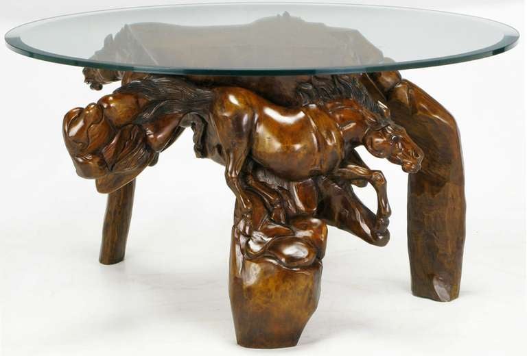 Incredible Equine Carved Wood Coffee Table In Excellent Condition In Chicago, IL