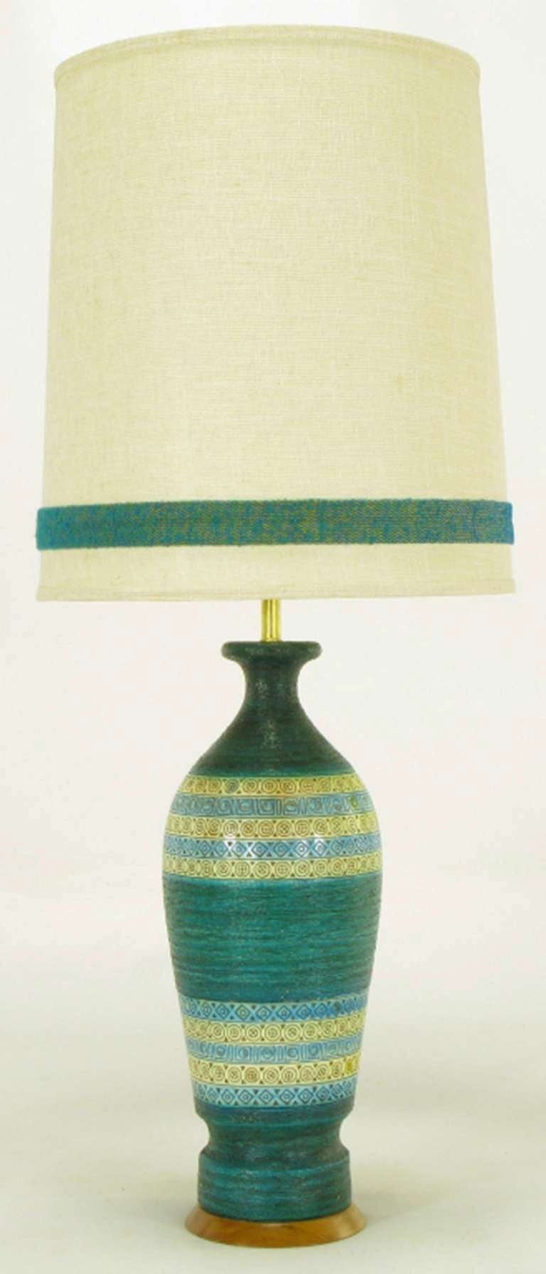 Turquoise, blue and cream glazed and etched pottery lamp after the designs by Aldo Lodi for Bitossi. Bleached mahogany base, brass stem and double socket cluster. Sold with matching custom shade.