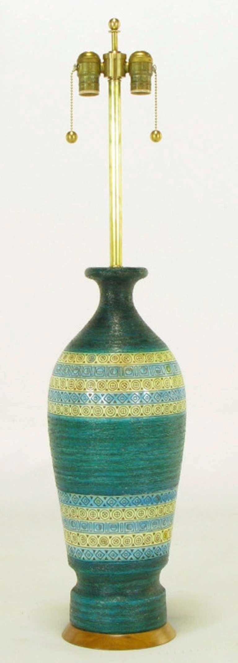 American Blue-Green Incised Pottery Table Lamp After Aldo Lodi
