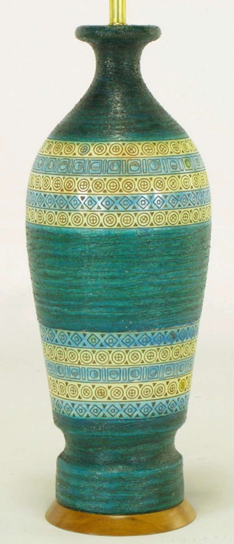 Blue-Green Incised Pottery Table Lamp After Aldo Lodi In Good Condition In Chicago, IL