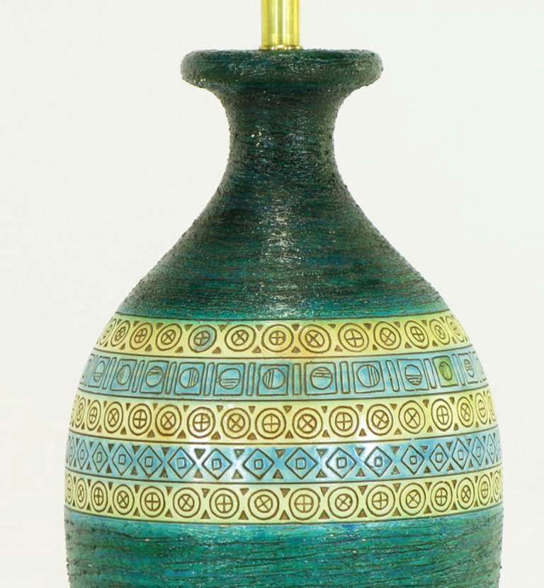 18th Century and Earlier Blue-Green Incised Pottery Table Lamp After Aldo Lodi